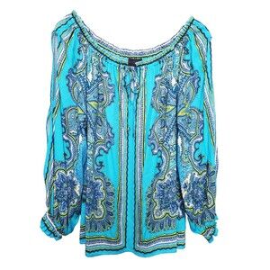 Hale Bob Blue Paisley Off-Shoulder Tie-Neck Long Sleeve Top Size Medium Boho